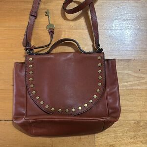 Fossil Brown Leather Crossbody with Brass Studs